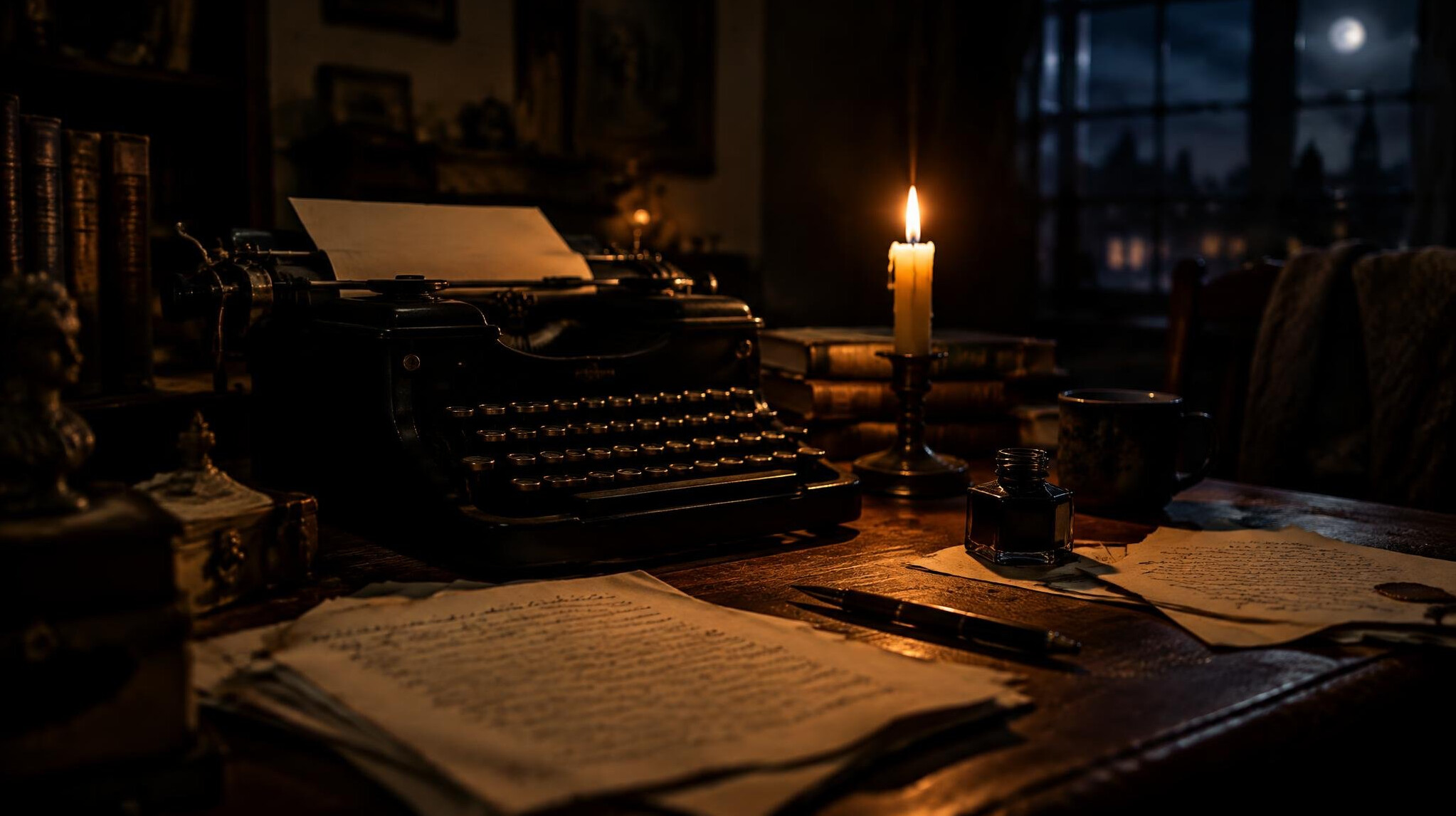 Old wooden writer's desk with a typewriter lit by candlelight at night