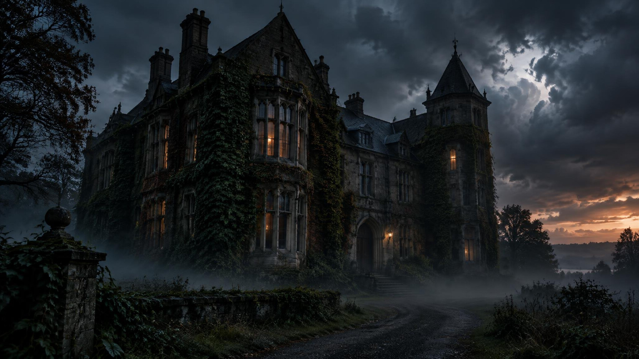 Dark old stone mansion at dusk with fog around it