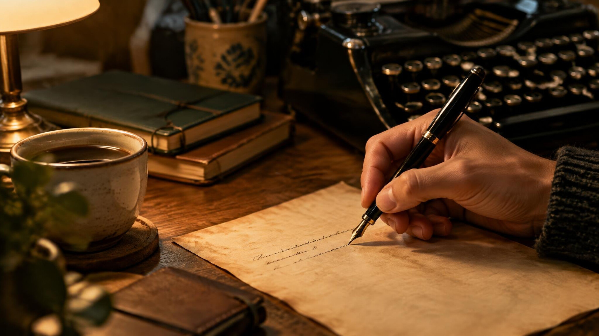 Close up of a hand writing with a fountain pen next to an old typewriter