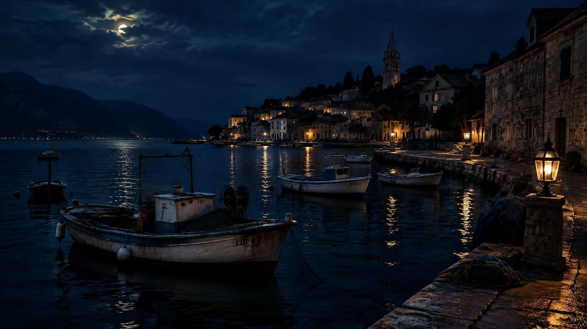 Adriatic coastal town at night with boats in the harbour