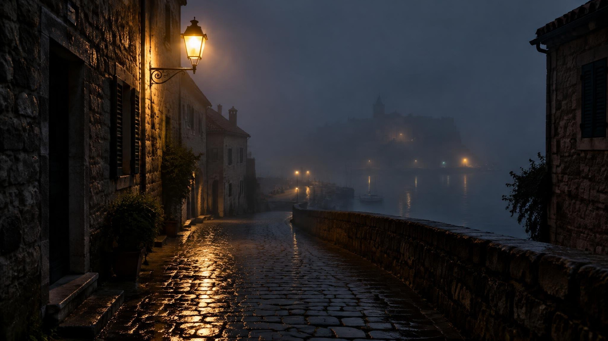 Foggy old European cobblestone street at night with a single streetlamp
